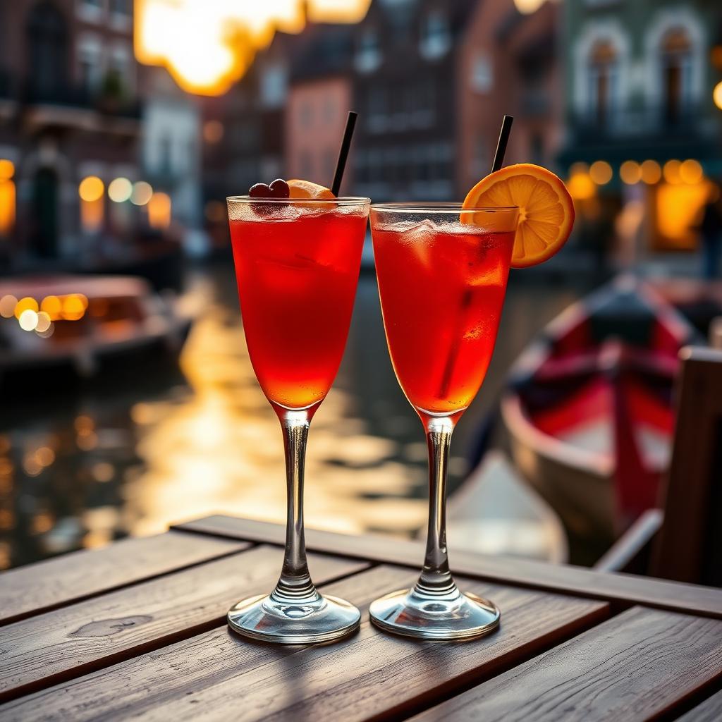 Rum cocktails on a wooden table beside the canal at golden hour