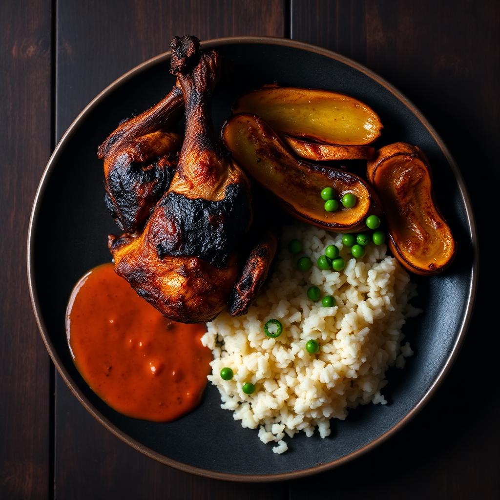 Jerk chicken served with rice and peas